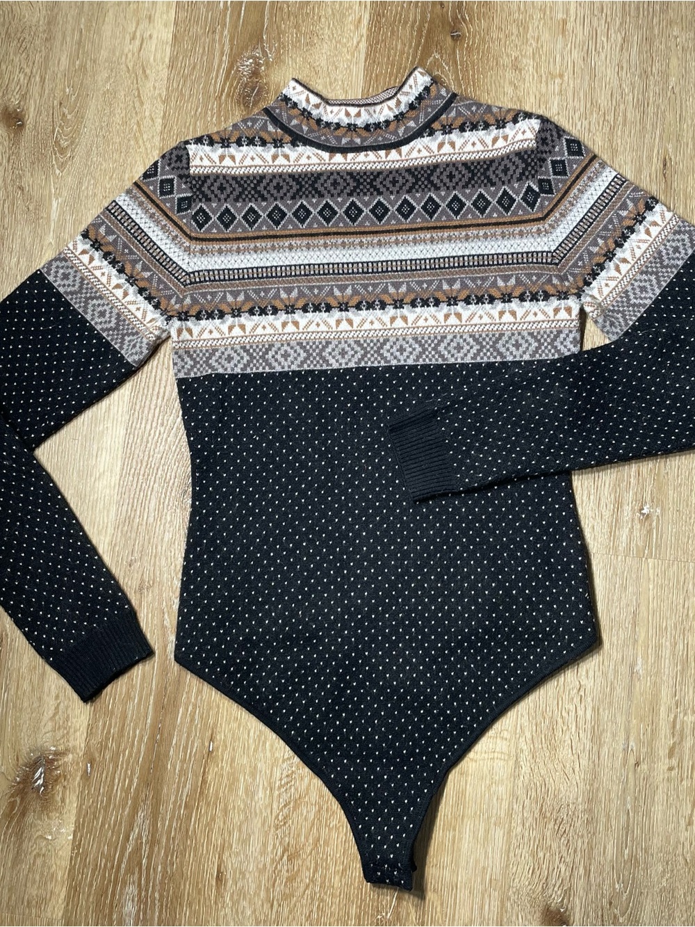 Womens Fair Isle Long Sleeve Bodysuit Sweater - Black & Brown